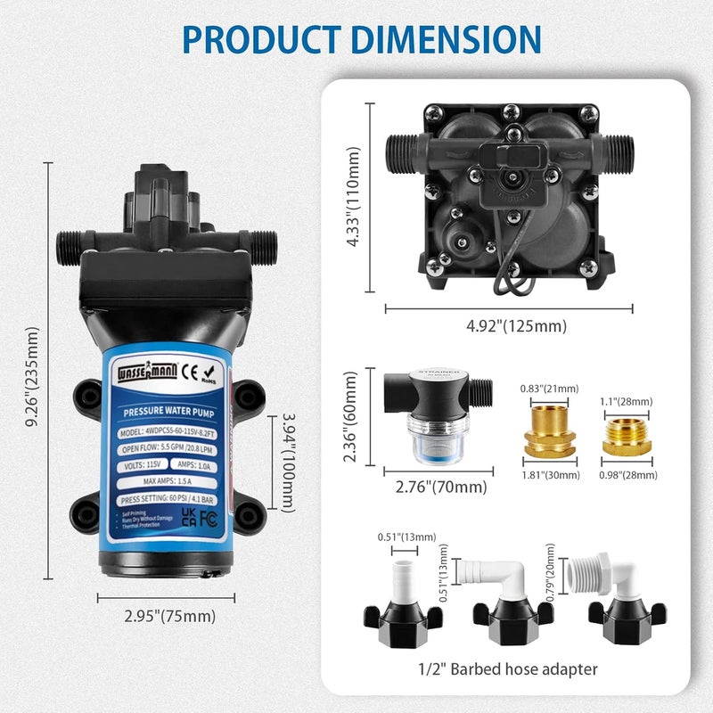 wassermann 115V AC Water Diaphragm Pump,5.5GPM 60PSI 1/2" NPSM with 8.2ft Power Cord & Plug,Self-Priming Fresh Water Pressure Booster Pump,Pressure Switch, for Garden Kitchen Bathroom RV Marine Camper - Image 5